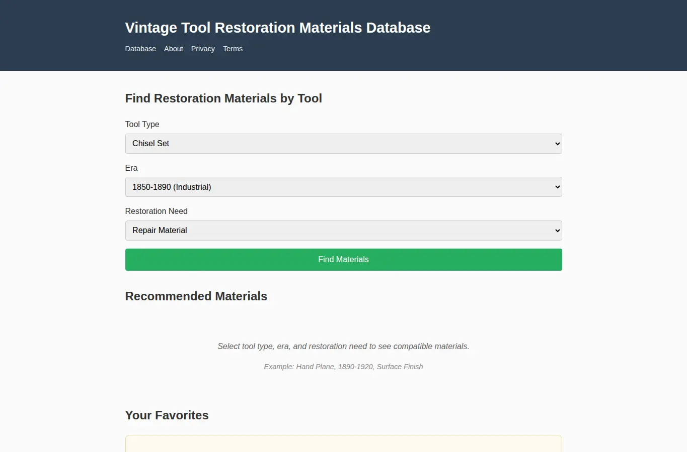 Screenshot of Vintage Tool Restoration Materials Database interface showing the project page in use